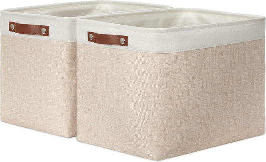 DULLEMELO 2-Pack Large Storage Baskets for Organizing 16"x12"x12" Canvas Fabric Storage Basket Bins With Leather Handles for Shelf Clothes Empty Gift Basket (White&Khaki)