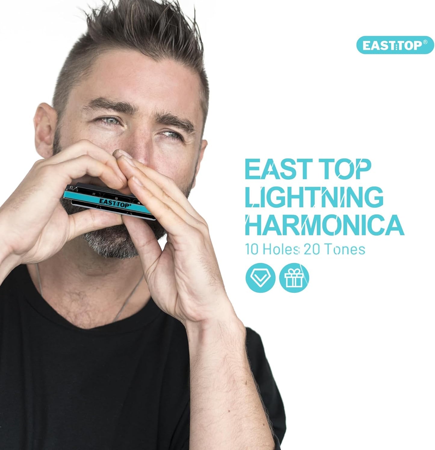 East top Harmonica, Advanced Diatonic Harmonica Key of F, 10 Holes Blues Harp Mouth Organ Harmonica with Silver Cover, Blues Harmonicas For Adults, Professionals and Students