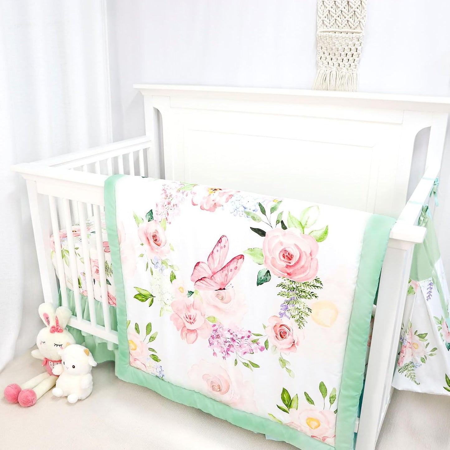 4-Piece Crib Bedding Set, Baby Girl Crib Bedding Set Butterflies Floral Nursery Bedding Set Includes Comforter, Fitted Crib Sheet, Crib Skirt, and Diaper Stacker, Green & Pink