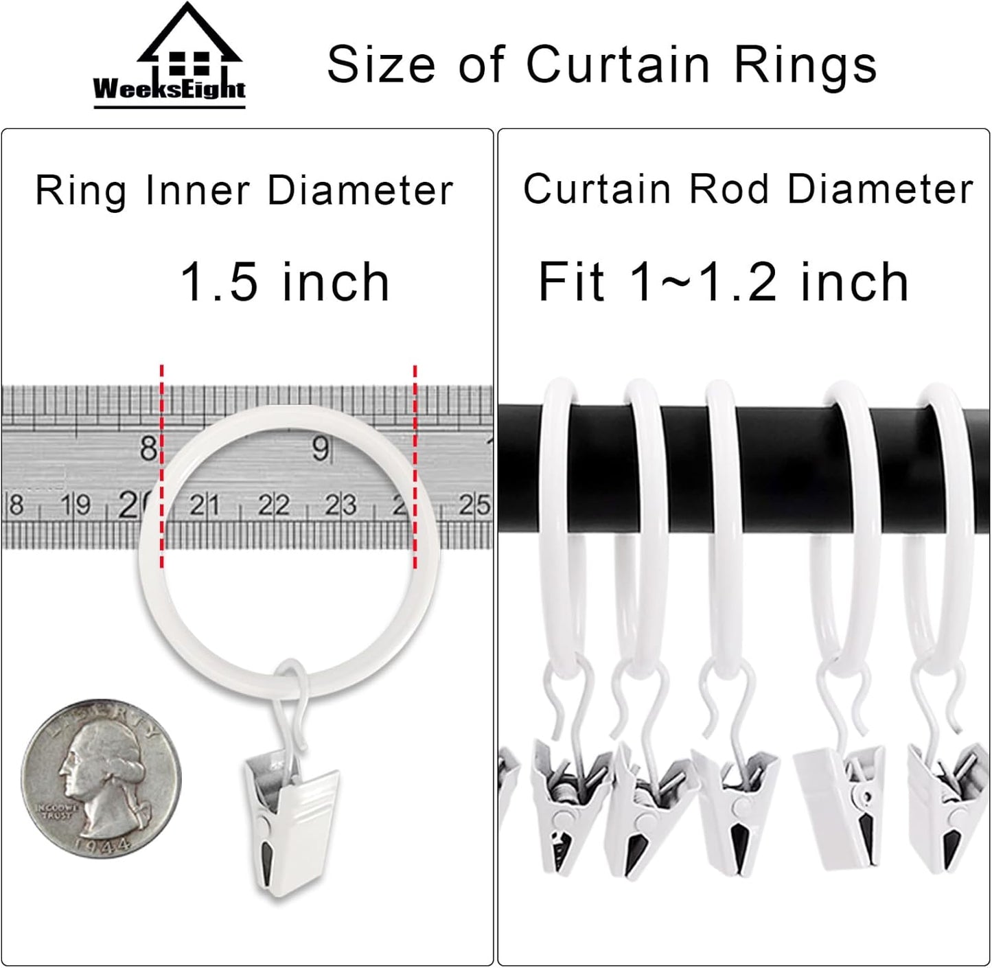 40 Pack White Curtain Rings with Clips, Curtain Hooks Hangers Clip Rings for Hanging Drapes Bows Hat, Drapery Rings 1.5 in I D, Fits up to 1.2 in Diameter Curtain Rod.