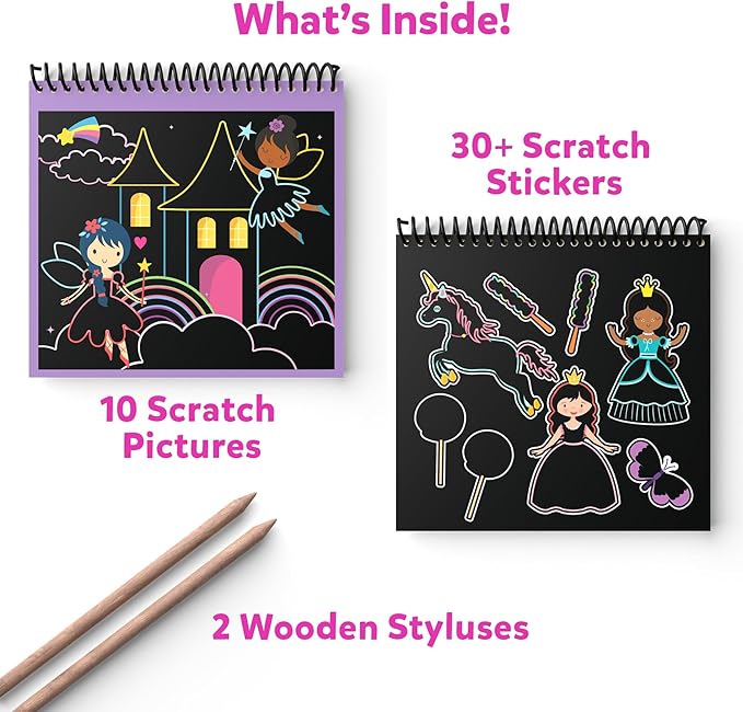 Skillmatics Scratch Art Book for Kids - Unicorns & Princesses, Craft Kits & Supplies, 30+ Scratch Stickers, Travel Toys, DIY Kit, Gifts for Girls & Boys Ages 3, 4, 5, 6, 7, 8