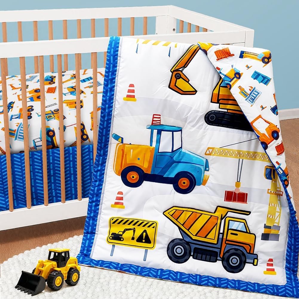 3 Piece Baby Boy Crib Bedding Set Construction Theme Baby Comforter Set for Crib Nursery Bed Set Decor with Fitted Crib Sheet, Comforter and Skirt for Boys Girls (Construction)