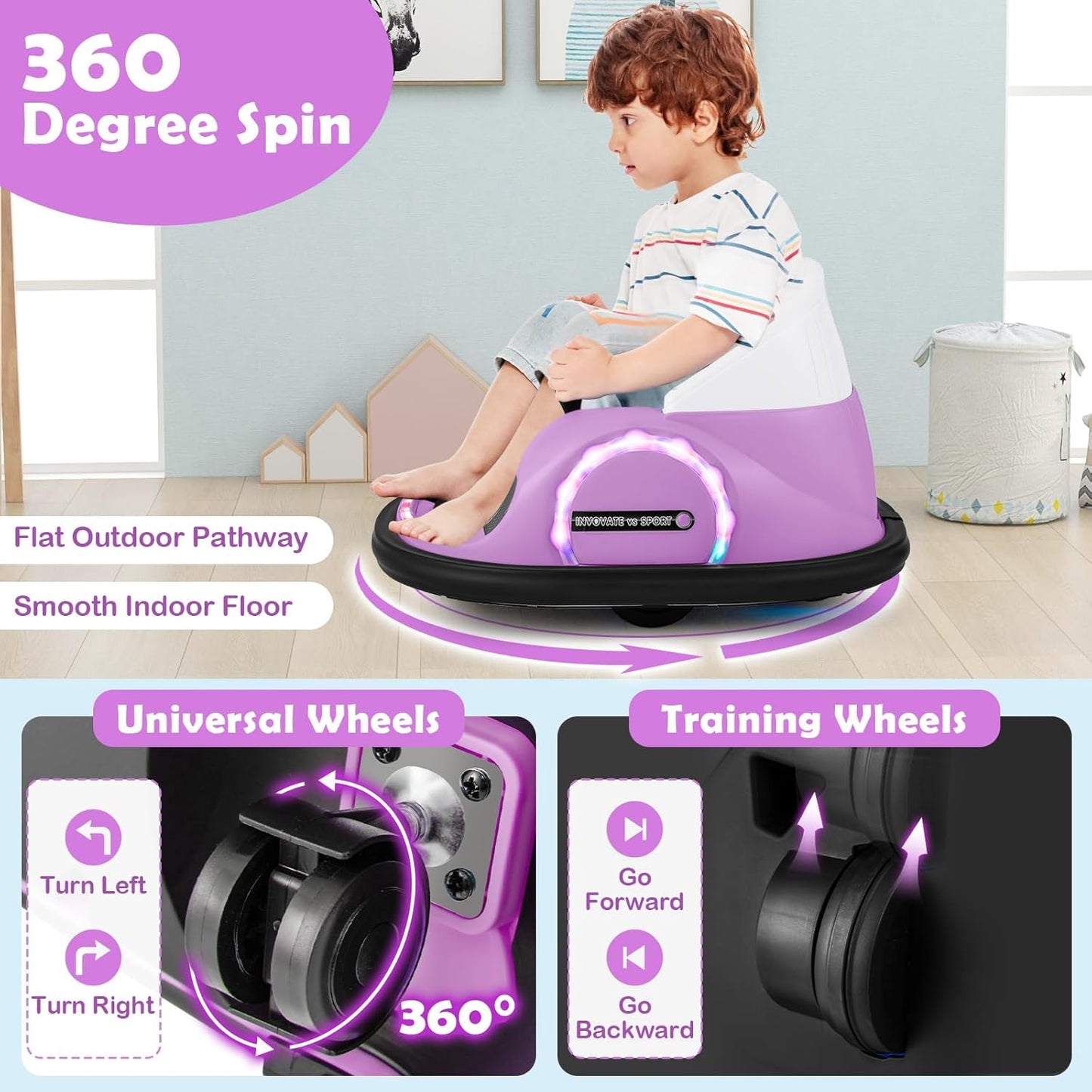 GLACER 12V Bumper Car, Electric Kids Bumper Car w/Parental Remote, 3-Speed, 360°Spin, Music, LED Light, Battery Ride on Bumper Car w/Dual Joysticks, Baby Bumper Car for Toddlers 18 Months+ (Pink)