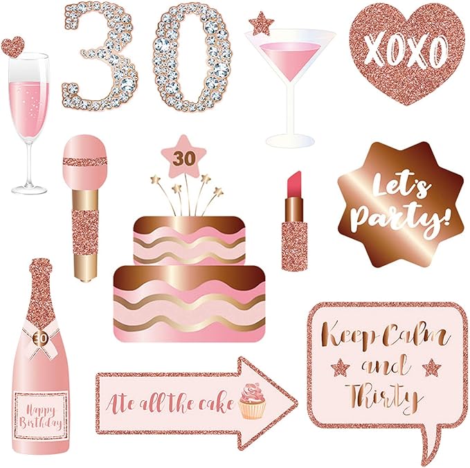 30th Birthday Party Photo Booth Props and Signs, Rose Gold 30 Birthday Party Selfie Props Kit with Sticks for Girls Women, Thirty 30th Happy Birthday Party Decorations Supplies Favors