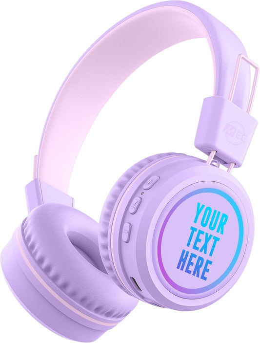 MEE audio KidJamz KJ55BT Personalized Bluetooth Wireless Safe Listening Headphones for Kids w/Custom LED-Backlit Design, Volume Limiter, Mic; Kids Headset for School/iPhone/iPad/Tablet (Lavender)