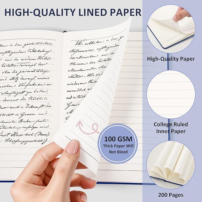 Lined Journal Notebook for Women Men, 200 Pages A5 Hardcover Leather Journals 5.7” x 8.3”, A5 College Ruled Notebooks with 100 GSM Thick Paper for Writing,Travel,School,Office,Work,Business(Blue)