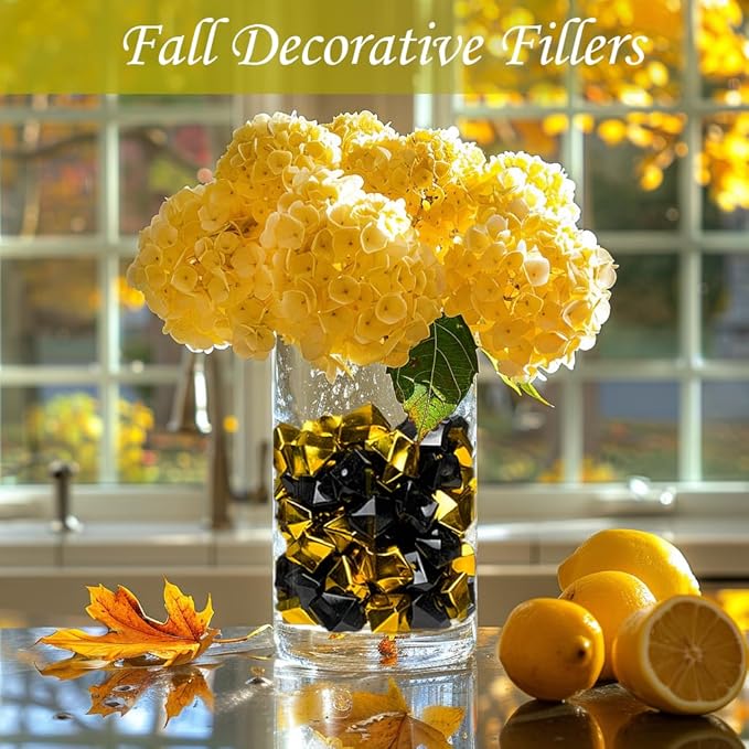 HappyFiller Fall Halloween Decoration Fake Ice Rocks Acrylic Nuggets Gems Stones Pirate Jewels for Wedding Centerpieces Vase Fillers,Graduation Party Table Scatters,Home Accents,Gold Black,14 OZ