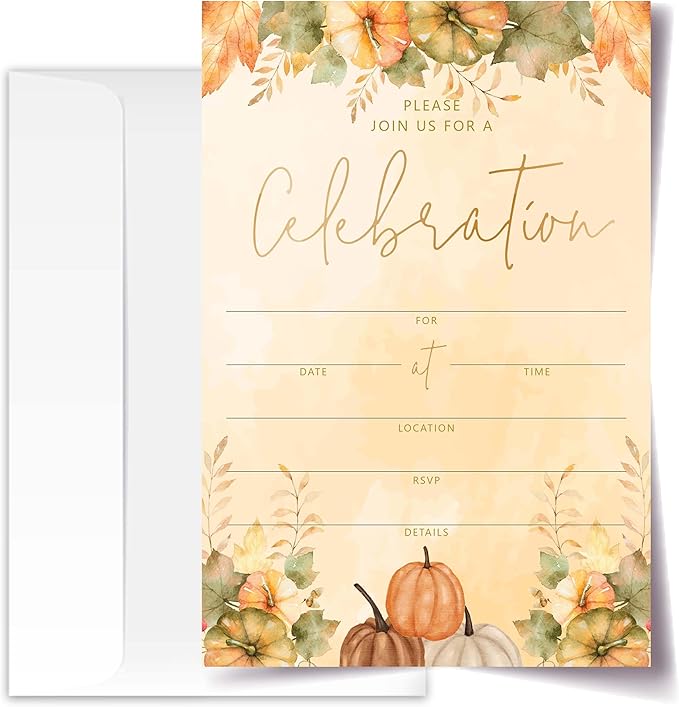 Join Us For A Celebration - Autumn Invitation Cards with Envelopes Pack of 20 (4"x6") - Pumpkin Leaf Autumn Themed Invitations for Baby Shower, Wedding, Bridal Shower, Baptism, etc.(153)