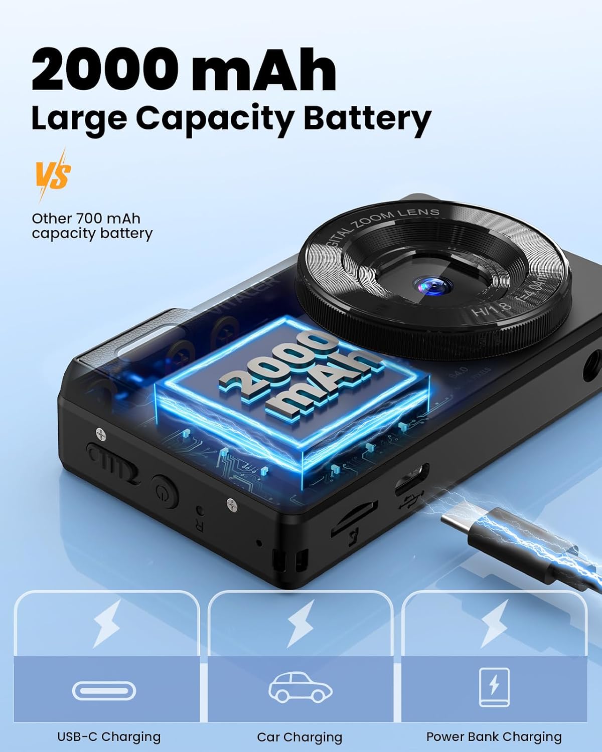 Digital Camera with Front Rear Lens, Autofocus 64MP 4K Camera for Photography with 32GB Card, Portable Compact Point and Shoot Camera for Teens Adult Beginner with Metal Shell, 2000mAh Battery