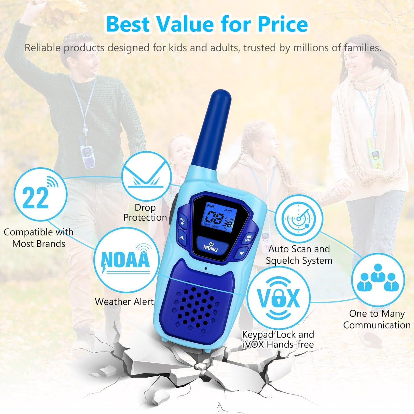 Walkie Talkies for Kids Long Range Walkie-Talkie for Adults Rechargeable 2 Way Radios 3 Pack with Lanyard 4 Miles NOAA USB VOX, Family Toys for 3-12 Year Old Boys Girls Toddlers Camping Hiking