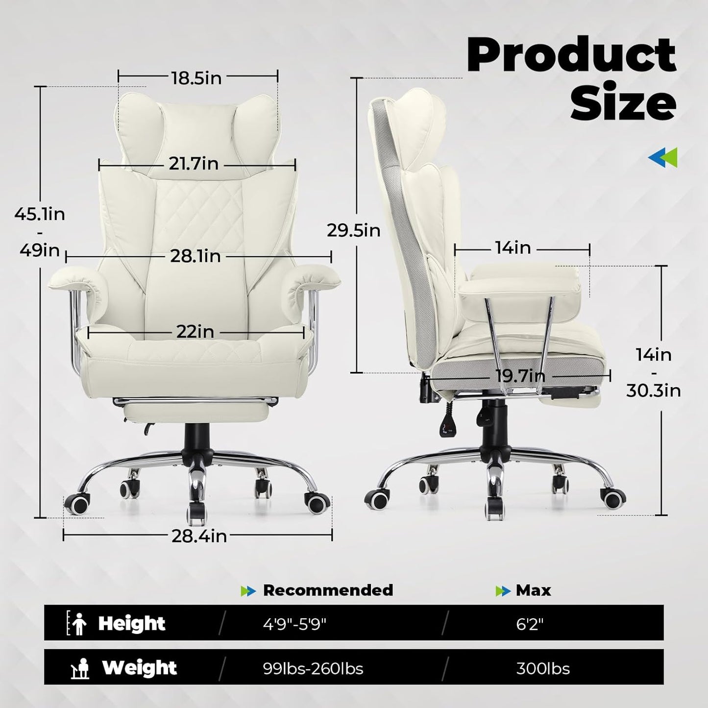 COMHOMA Big and Tall Office Chair, High Back Leather Gaming Chair with Footrest, Executive Ergonomic Office Chairs with Pocket Spring Lumbar Support and with Outward Fixed Soft Armrests