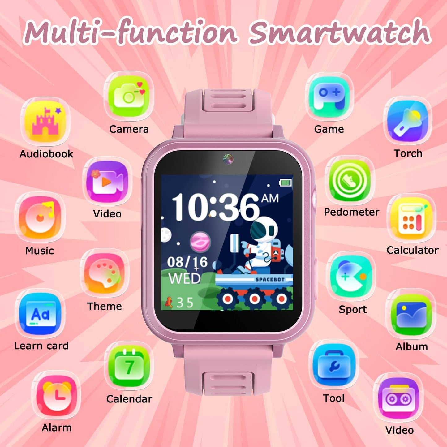 Smart Watch for Kids with 36 Games HD Touch Touchscreen Alarm Clock, Camera Music Player Pedometer Flashlight 12/24 hr Video & Audio Recording, Toys Gift for 3-12 Years Old Girls