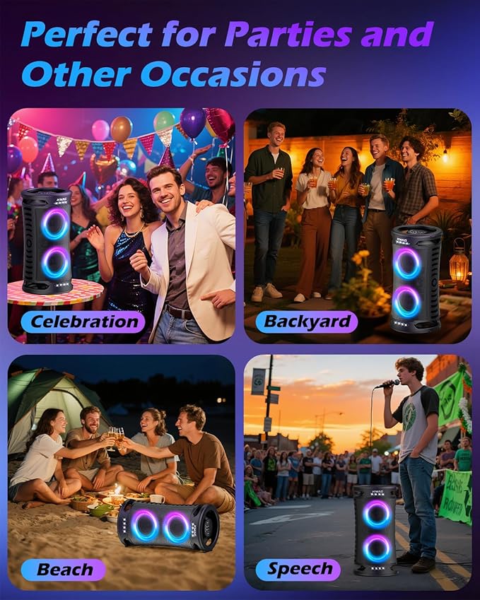 Large Bluetooth Speaker, 260W Peak Powerful Loud Sound with Deep Bass, 15Hr Playtime, Fast Charge, TWS, Cool Lights, Portable Outdoor Speaker Wireless for Party, Camping, Beach, Backyard, Home, Work