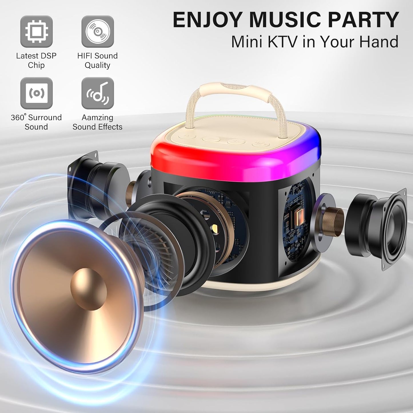 JYX Mini Karaoke Machine for Kids - Beige Bluetooth Speaker with Party Lights and 1 Wireless Microphone, Great for Kids and Adults, Ideal for Family Home Parties and Birthday