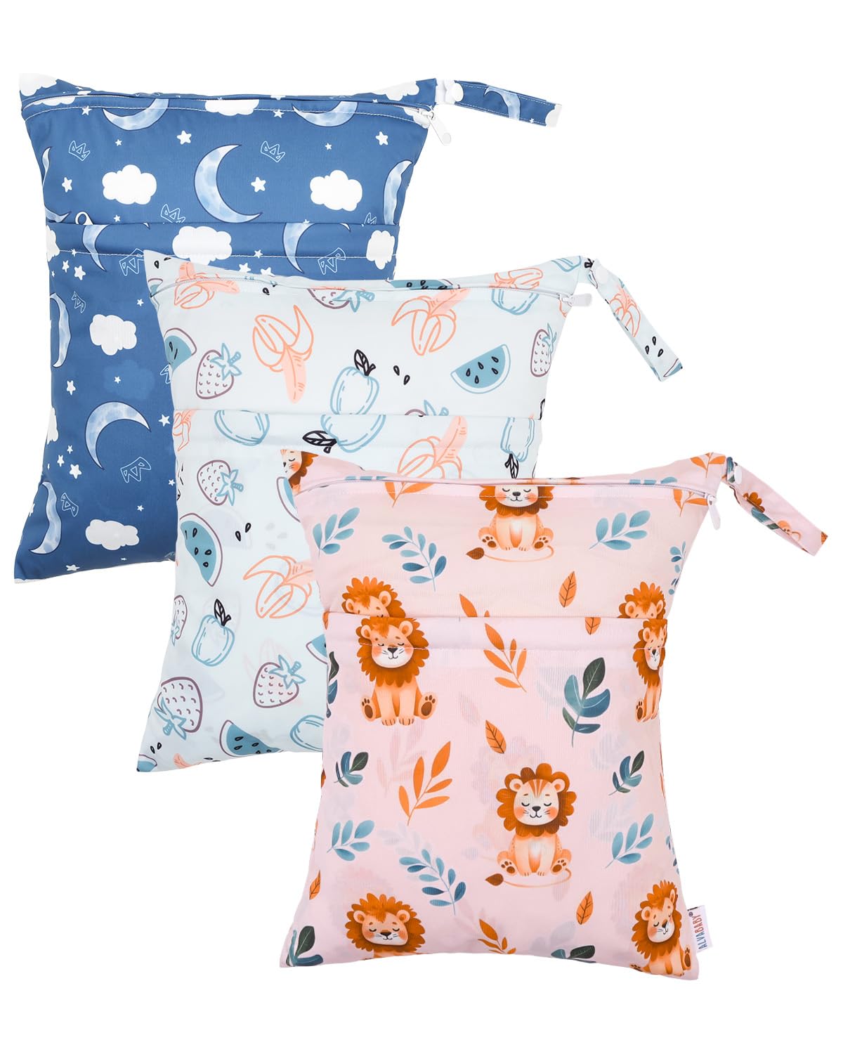 ALVABABY 3 Cloth Diaper Wet Dry Bags Waterproof Reusable with Two Zippered Pockets Travel Beach Pool Daycare Soiled Baby Items Yoga Gym Bag for Swimsuits or Wet Clothes Small Medium Large 3L-ZM29