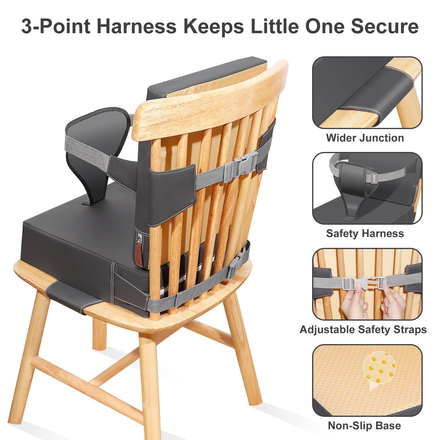 Toddler Booster Seat for Dining Table Kitchen Chair, Waterproof Non-Slip with Backrest & Adjustable Straps, Portable PU Travel Baby Kids Booster Seat Cushion