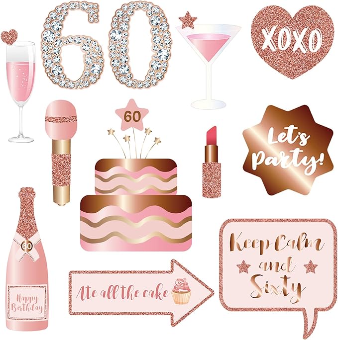 60th Birthday Party Photo Booth Props and Signs, Rose Gold 60 Birthday Party Selfie Props Kit with Sticks for Girls Women, Sixty 60th Happy Birthday Party Decorations Supplies Favors