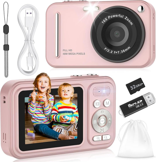 Digital Camera for Kids, WITYEAH 48MP FHD 1080P Point and Shoot Digital Cameras with 16X Zoom Anti-Shake, Compact Portable Cameras for Photography, for Boys Girls Teens Beginners-Pink