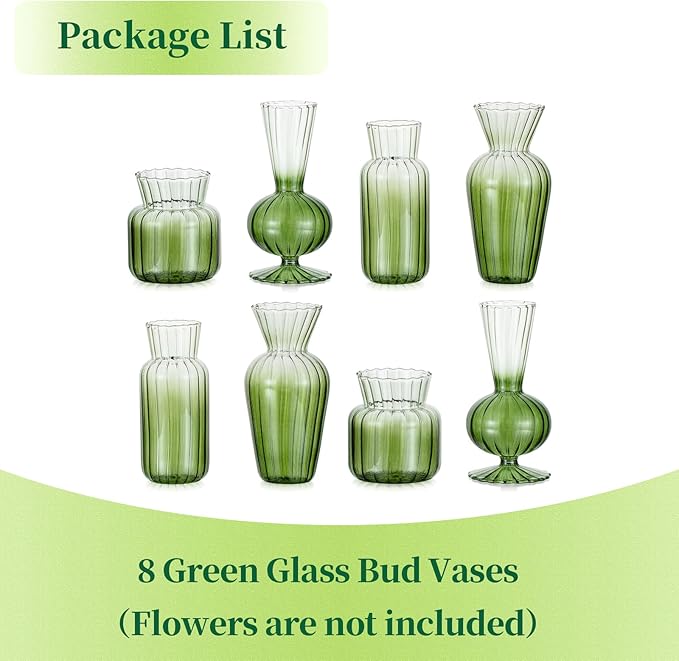 Hewory Small Ribbed Glass Bud Vases Set of 8 Green Flower Vase Centerpieces - Modern Minimalist Cute Mini Decorative Bulk Vases for Wedding Bridal Shower Birthday Party Events Dining Room Table Decor