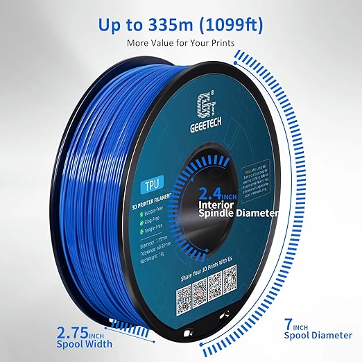 Geeetech TPU Filament 1.75mm – 95A Flexible 3D Printer Filament with High Elasticity, 1KG (2.2lbs) Spool, Dimensional Accuracy ±0.03mm, Fits Most FDM Printers, Blue