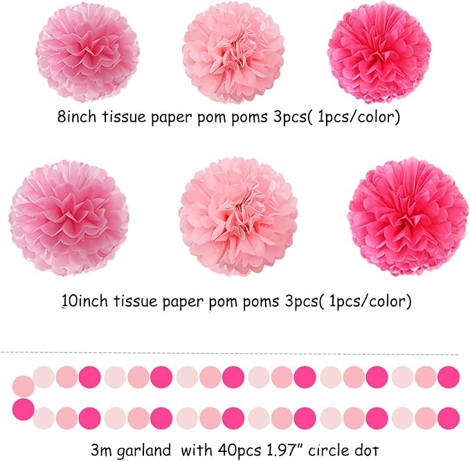 Rose Hot Pink Party Decorations - 23pcs Girl Birthday Baby Shower Tissue Pom Poms Streamers, Bachelorette Bridal Wedding Engagement Supplies Tassel Garland Banner, Favors Decor Ouruola