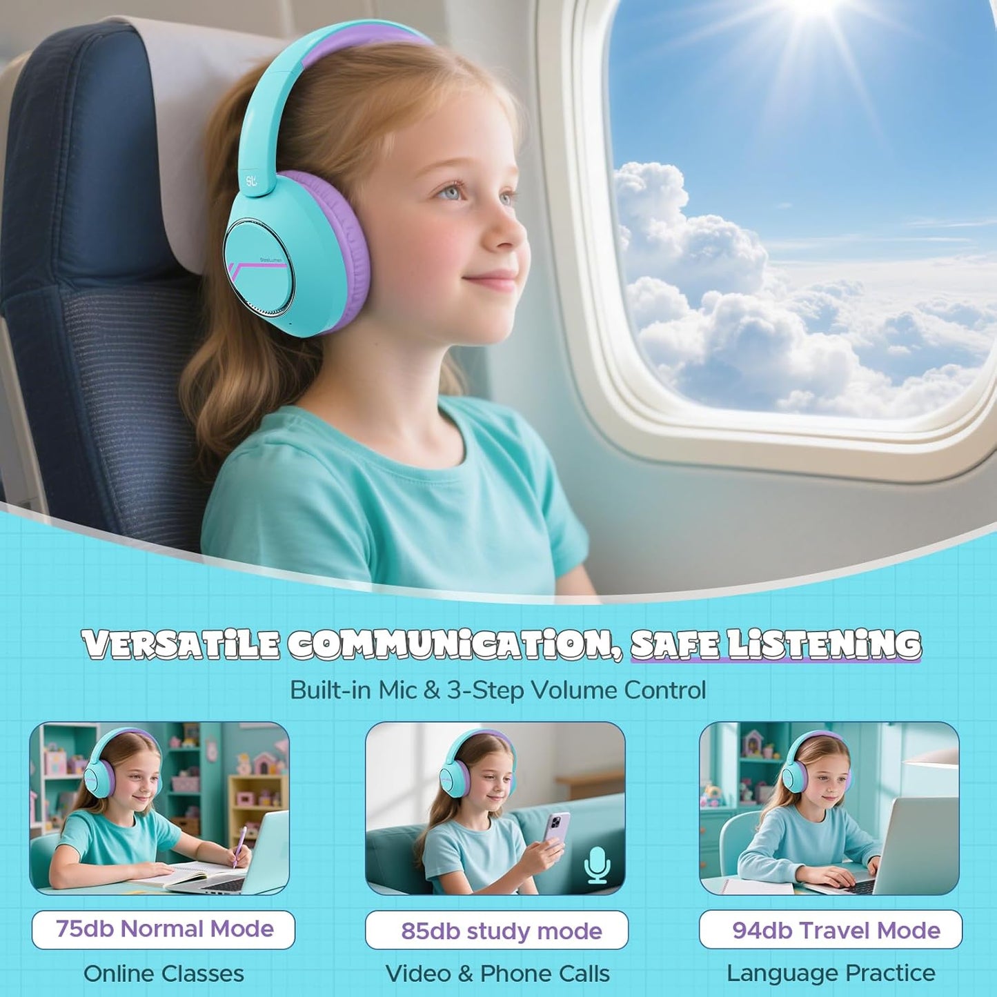 Nova1Pro Active Noise Cancelling Headphones for Kids, 3-Level Safe Volume 75/85/94dB, ANC Safe Wireless Listen, Type C Fast Charging, Bluetooth 5.4 with Mic, boy Girl for School, Travel & Airplane