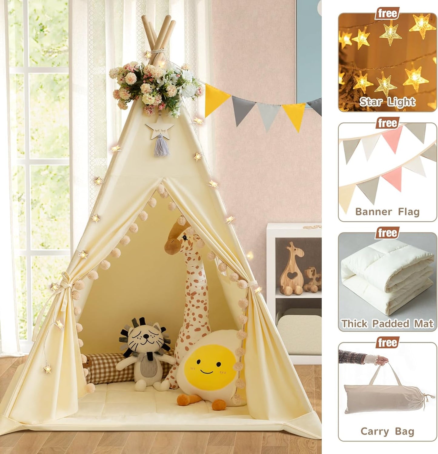 Teepee Tent for Kids with Padded Mat Cotton Canvas Kids Teepee with Pompom for Toddlers Indoor Play Tent for Girls Boys with Stars Lights, Carry Bag, Banner Flag (Cream)