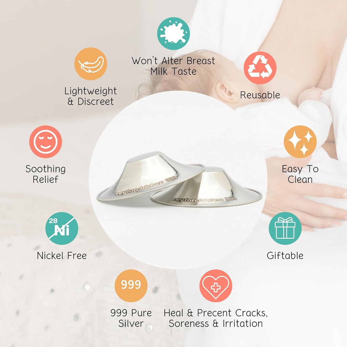 RFC Silver Nursing Cups - 999 Silver Nursing Pad - Nipple Shield Kit for Nursing Newborn - Breastfeeding Essentials - Nipple Cover Breastfeeding - with Silicone Ring & Cleaning Scotch & Case (XL)