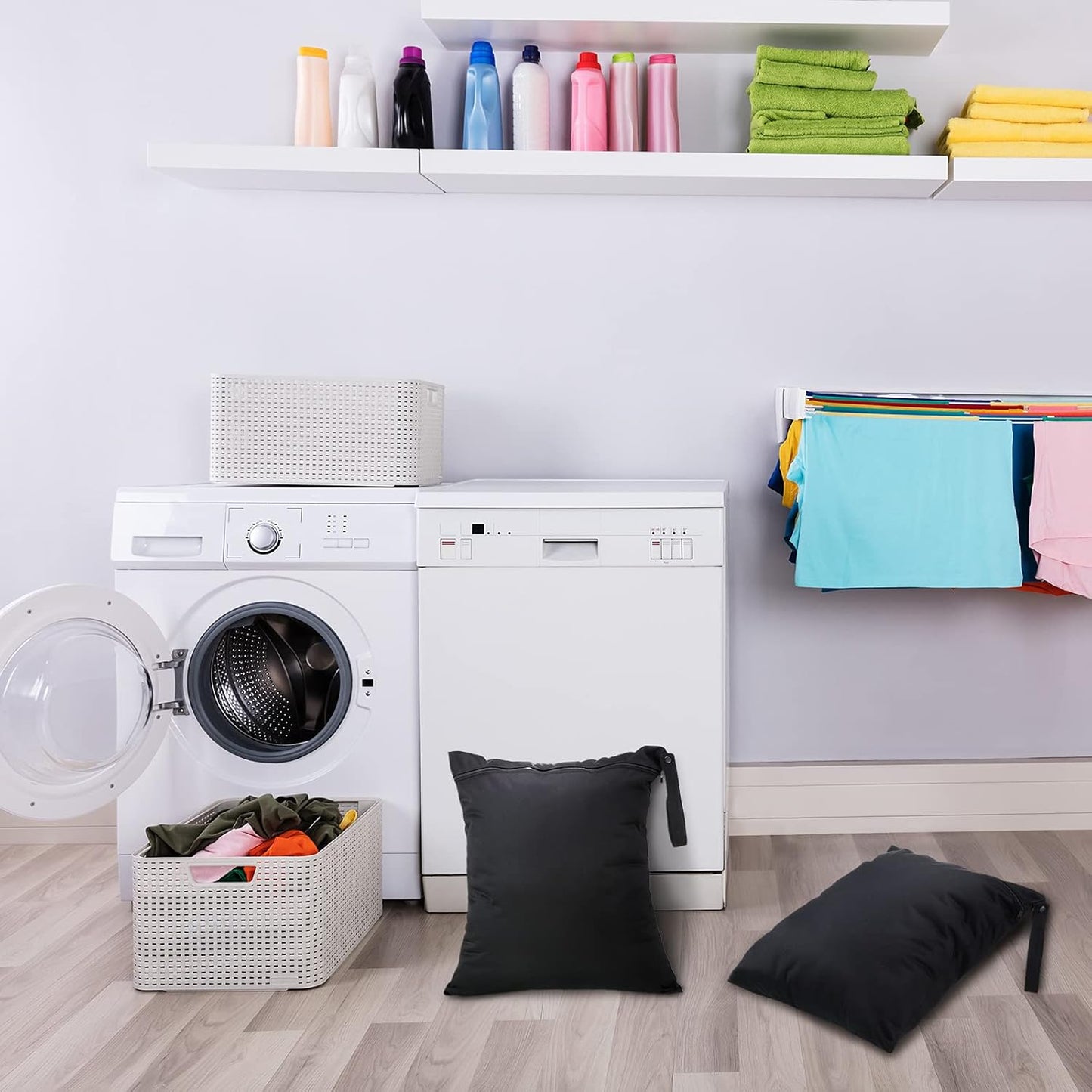 Shappy 2 Pcs Large Travel Laundry Bag Washable Waterproof Wet Dry Large Dirty Clothes Bag Bathing Workout(Solid Black)