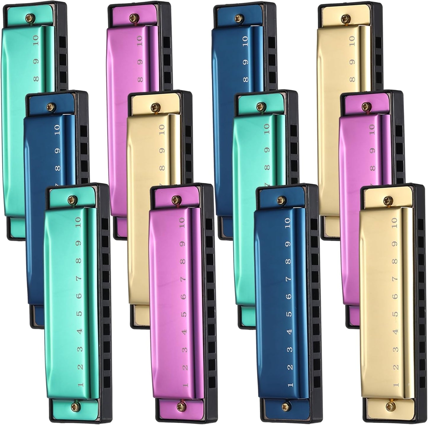 12 Pcs Harmonica Set 10 Hole 10 Hole 10 Tones Titanium Color Harmonica with Case Diatonic Chromatic Harmonica Musical Mouth Organ for Beginner Students Adults Instruments Gifts, 4 Colors