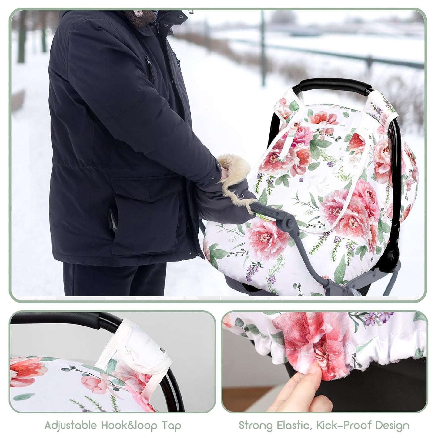 Baby Carseat Cover Girls, Pea Pod Floral Infant Car Seat Covers Canopy for Newborn with 2 Layers Windows of Breathable Mesh/Fabric, Lightweight Polyester/Minky Dot Backing, Snug Fit Most Baby Car Seat