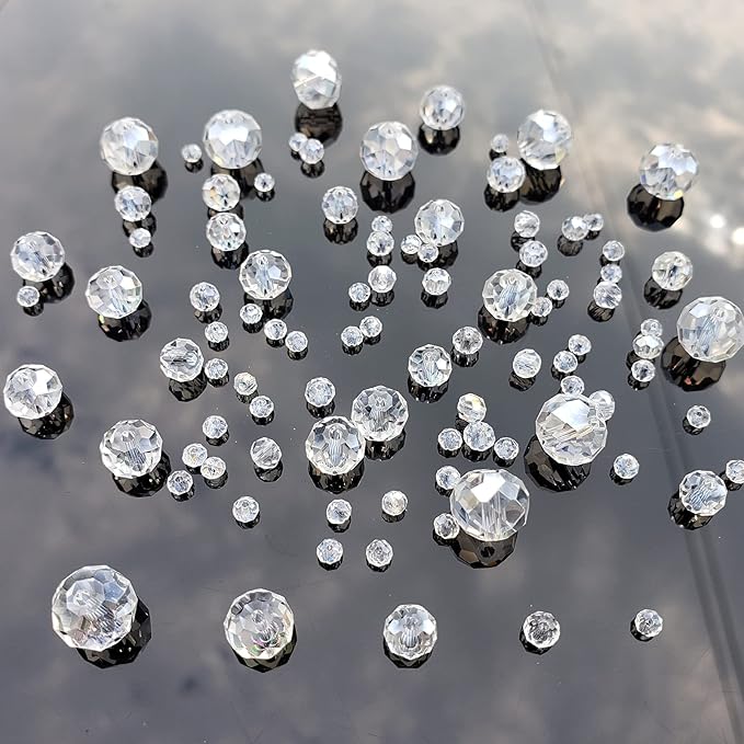 2-10mm Briolette Rondelle 810pcs White AB Crystal Glass Beads Faceted Shape Crystal Spacer Beads for Bracelet Necklace Decorative Hand Jewelry Making (2/4/6/8/10mm White AB)