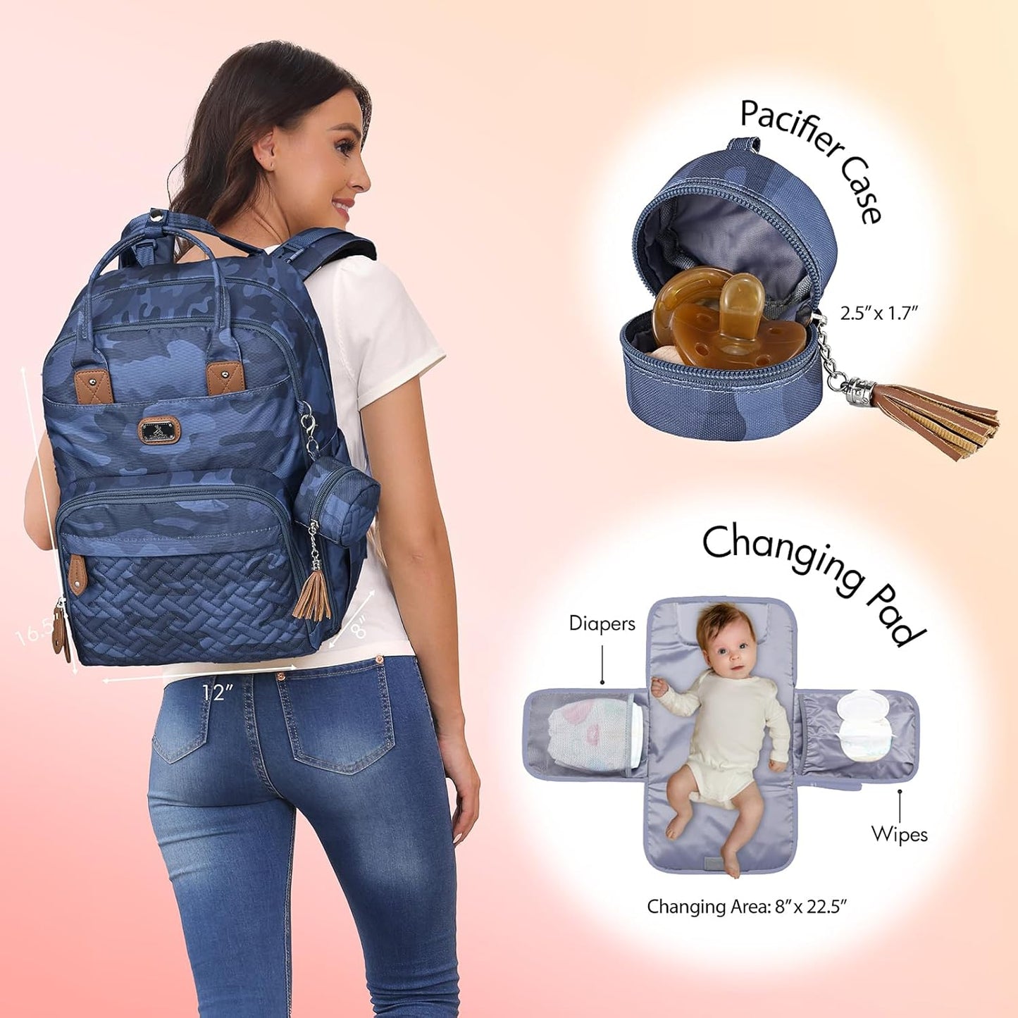 Dikaslon Diaper Bag Backpack with Changing Pad, Pacifier Case and Stroller Straps, Large Unisex Baby Bags for Boys Girls, Camo