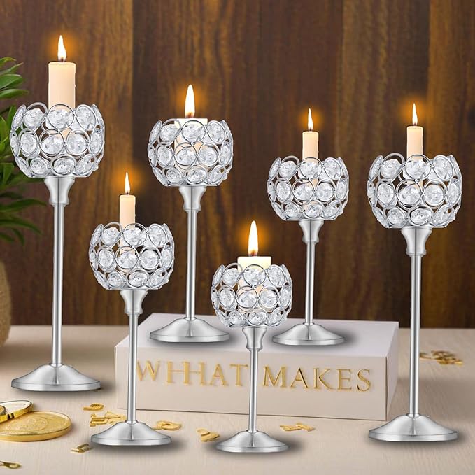 Crystal Candle Holders Set of 16 for Wedding Centerpieces Gold Or Silver Candle Holders Bulk Decorative Tealight Candle Holder for Wedding, Party,Table Centerpieces Decoration (Silver, 2 Sets(6 Pcs))