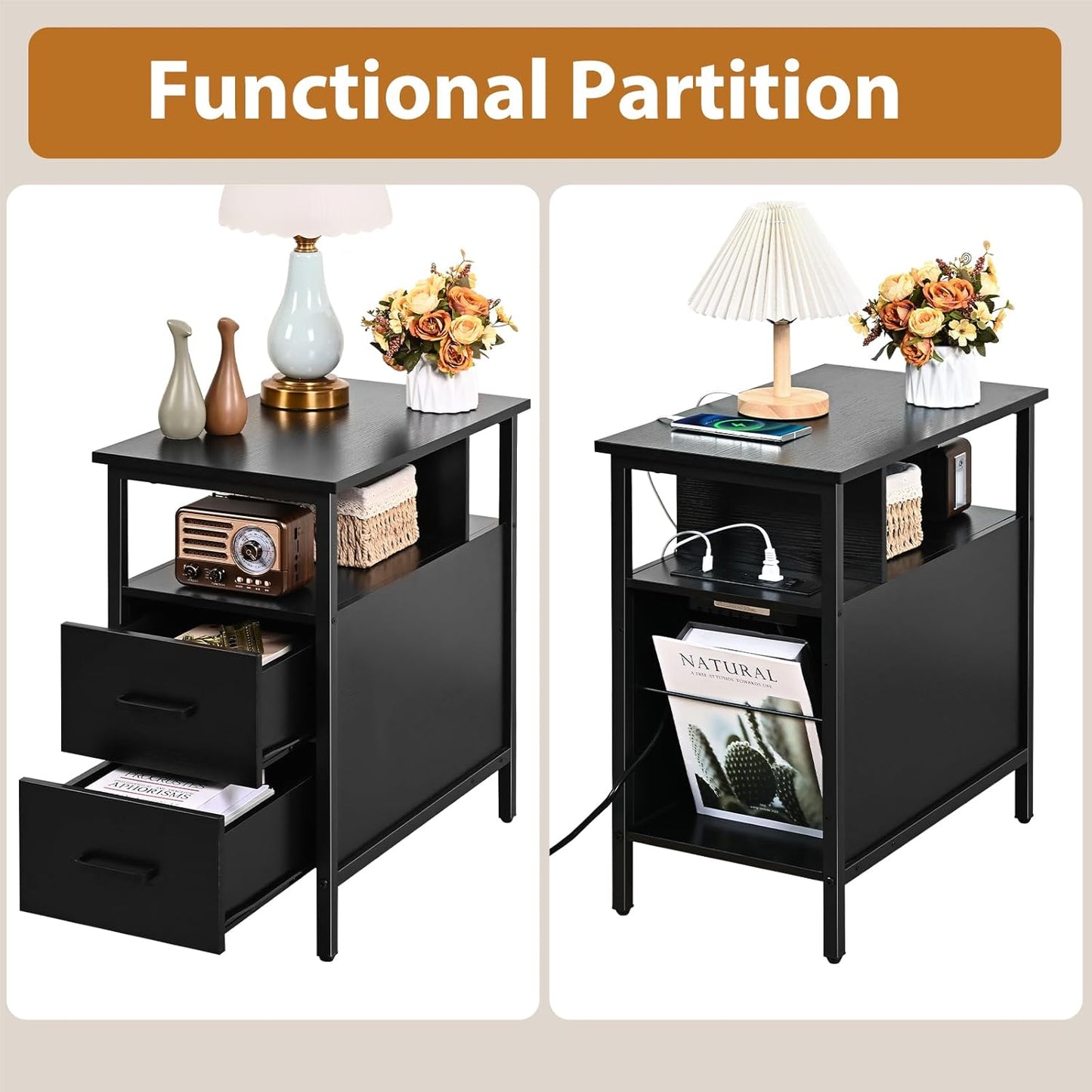 Black Side Tables, End Table with Charging Station, Narrow End Table with 2 Wooden Drawers, USB Ports and Power Outlets, Slim Nightstand and Bedside Table, End Tables Living Room, Bedroom