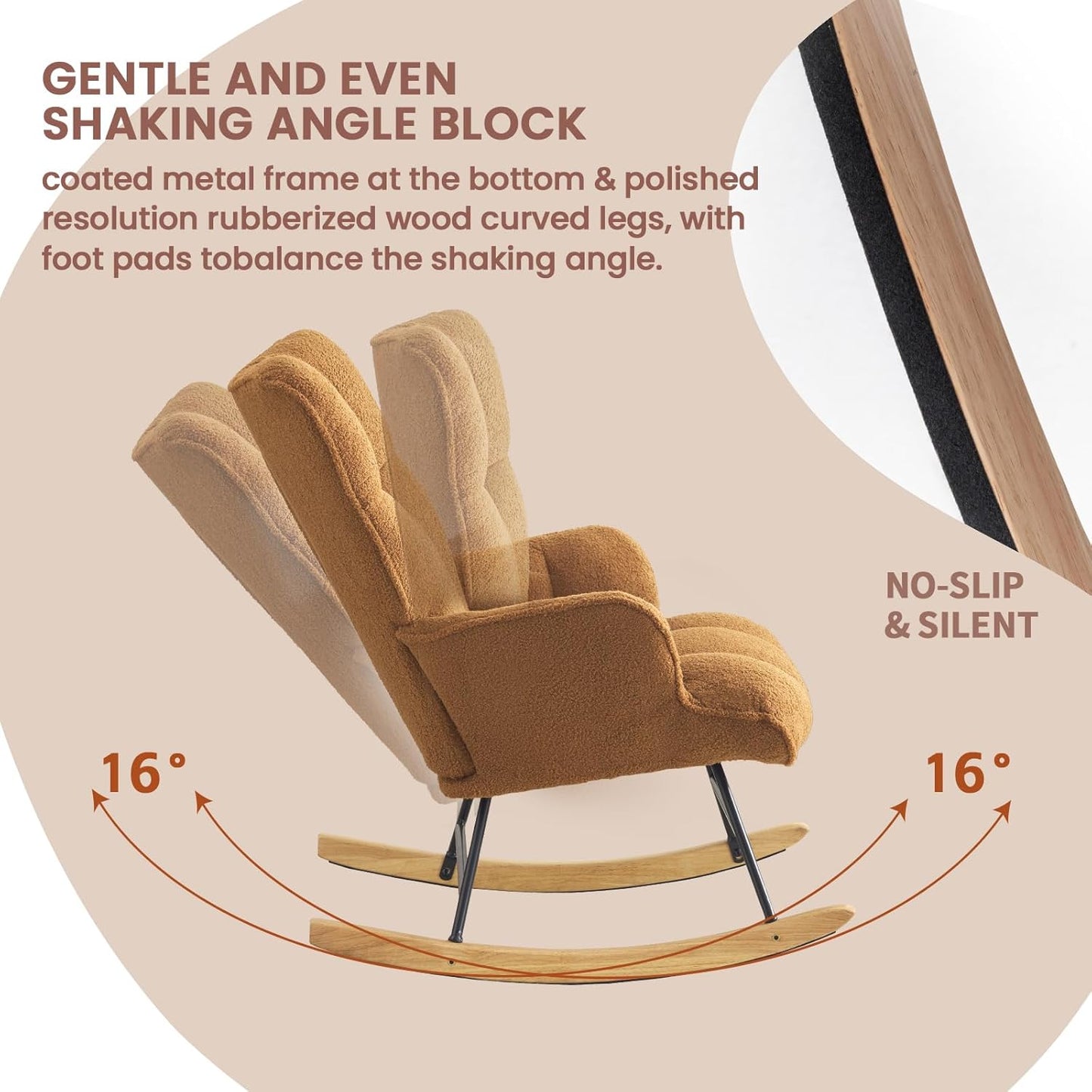 Rocking Chair Nursery Teddy Upholstered Glider Rocker Rocking Accent Chair Padded Seat with High Backrest Armchair Comfy Side Chair for Living Room Bedroom Offices (Brown Teddy)