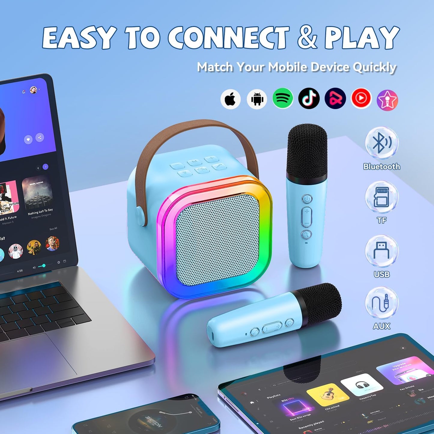【2025 Newest】 Mini Karaoke Machine for Kids Girls & Boys - Portable Bluetooth Speaker with 2 Wireless Microphones - Kids Birthday Gifts for Ages 4-10 - Kids' Instrument Accessories - Blue