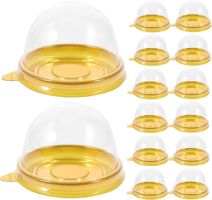 NUOBESTY Individual Cupcake Boxes, 100pcs Golden Tray Round Plastic Transparent Dome Cupcake Boxes Egg-Yolk Puff Food Container Single Mooncake Dome Boxes Baking Packing Box |2.75x2.75x1.96 inch