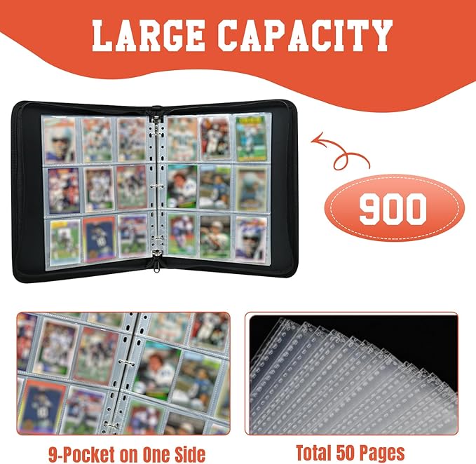 Trading Card Binder 9 Pocket - Football Card Binder with Sleeves 900 Double Sided Pockets Sports Trading Cards Album Cards Holder Protectors Set Fit for Game Cards, Sports Cards