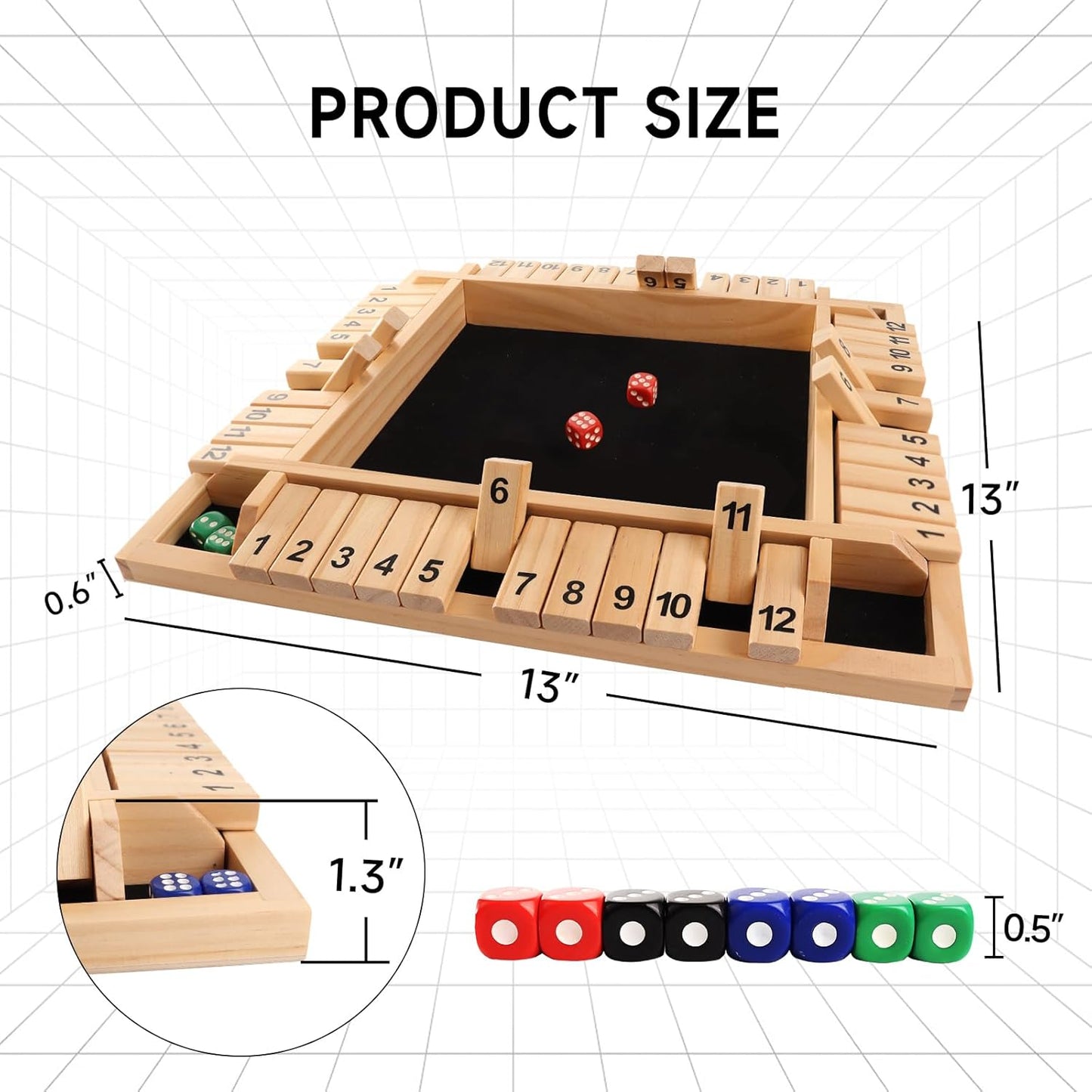GSE Games & Sports Expert 1-4 Player Wooden Shut The Box Board Game with 8 Dice. 4-Way 12 Numbers Shut The Box Dice Set of Popular English Pub Board Game - Natural Wood