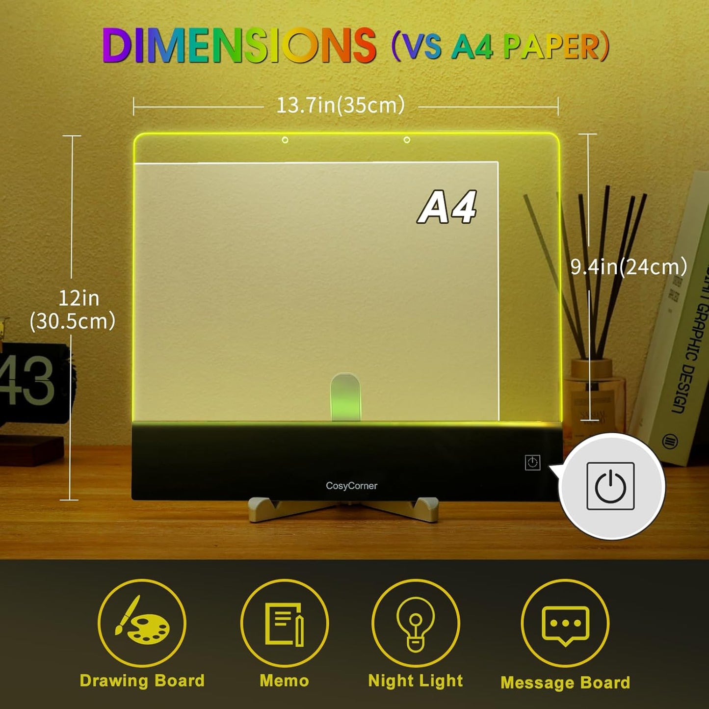 LED Drawing Board for Kids - Doodle Glow Note Board with Colors | Rechargeable Acrylic Dry Erase Board with Light & Touch Switch | 5H Battery, Glow Writing Pad for Toddlers & Artists