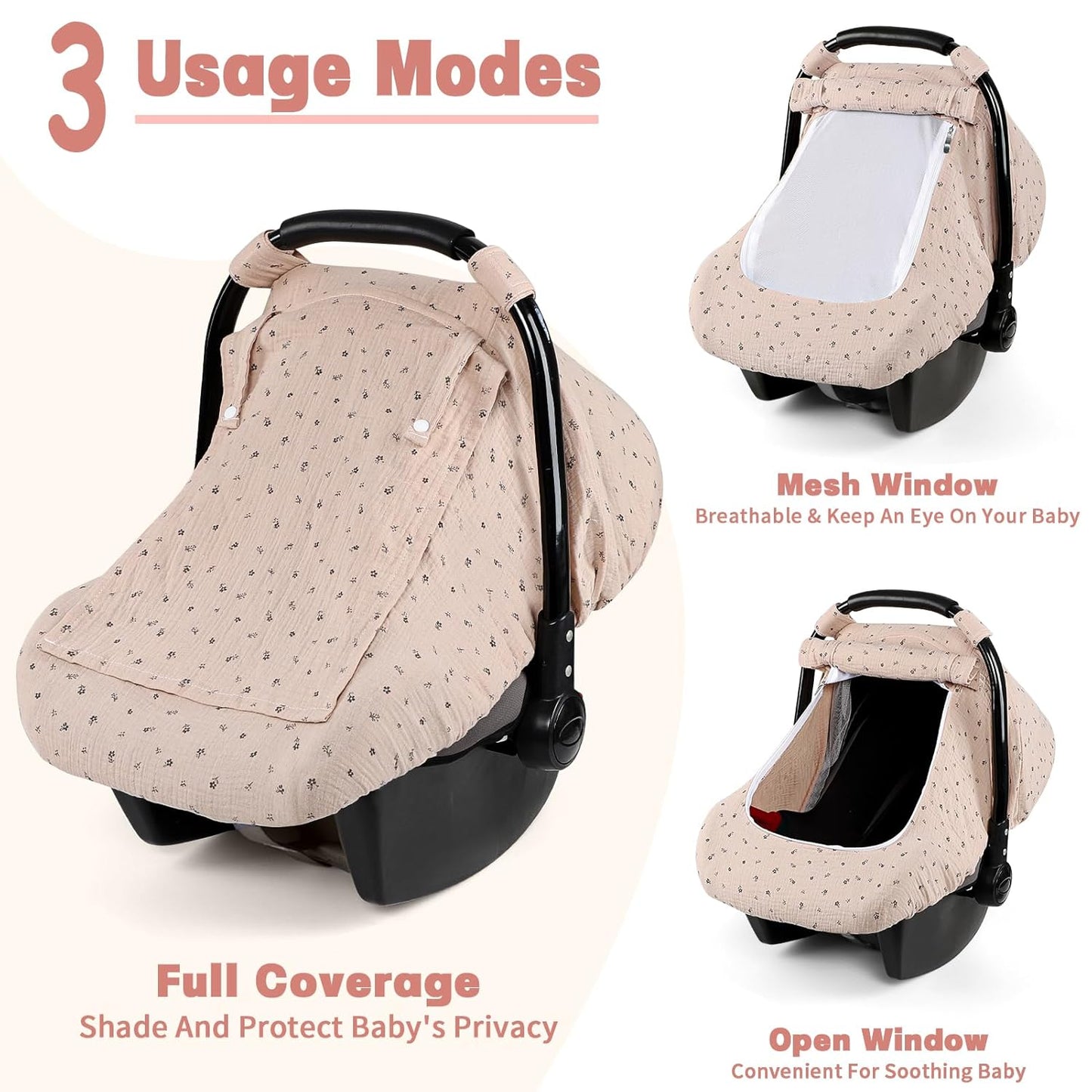 Car Seat Cover Baby, HNHUAMING Muslin Cotton Carseat Covers for Babies Girls Boys Summer Infant Car Seat Covers Canopy, Cozy Newborn Carseat Covers Stroller Cover with Breathable Mesh Window, Brown
