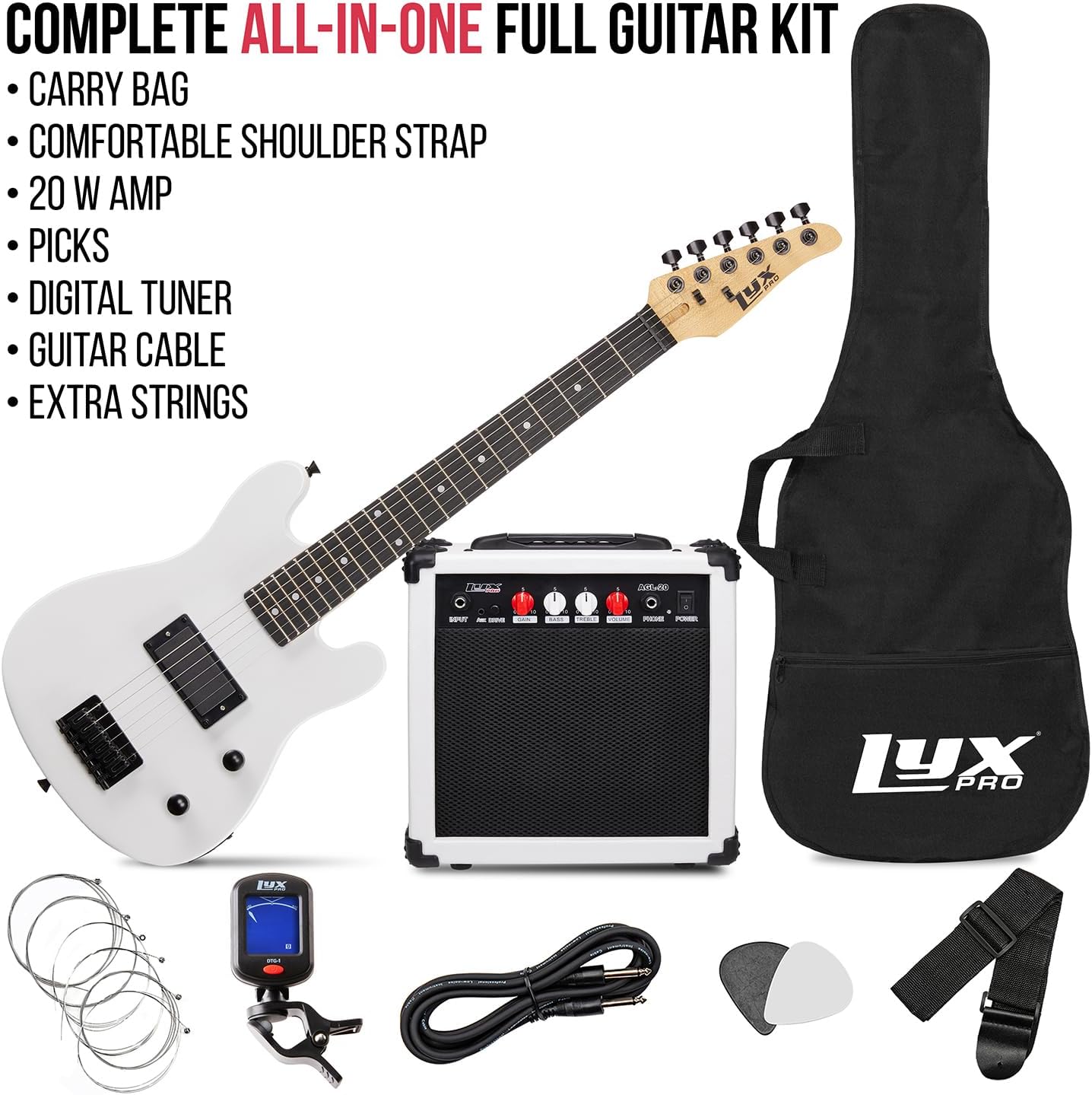 LyxPro 30 Inch Electric Guitar and Starter Kit for Kids with 3/4 Size Beginner’s Guitar, Amp, Six Strings, Two Picks, Shoulder Strap, Digital Clip On Tuner, Guitar Cable and Soft Case Gig Bag - White