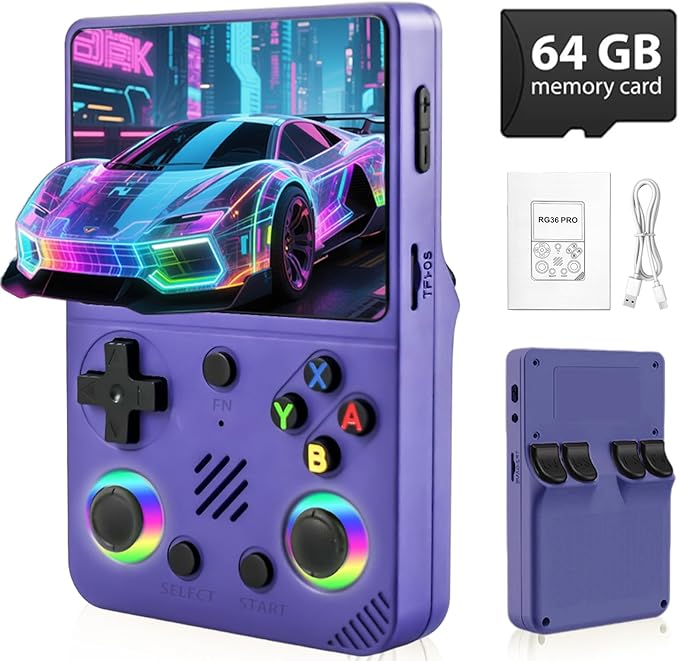 RG36PRO Retro Handheld Game Console - Open Source System,3.5"IPS Screen,30,000+ Classic Games,64G TF card, 3000mAh Battery,Portable Gaming Player for Travel,Gift for Teen or Partner -Purple