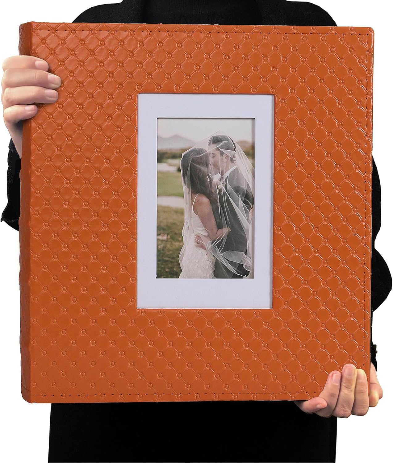 RECUTMS Photo Album 4x6 600 Photos Black Inner Page Button Grain Leather Large Capacity Pockets Pictures Album Birthday Christmas Wedding Anniversary (Orange)