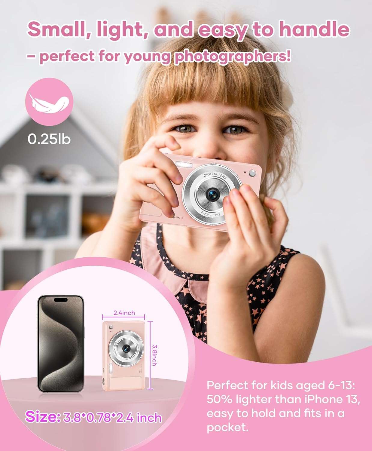 WONNIE Digital Camera 56MP, FHD 1080P Point & Shoot Camera with 32GB SD Card, 2 Batteries, and Lanyard, Ideal for Kids & Teens, Suitable Gift for Girls，Pink, 2-Pack