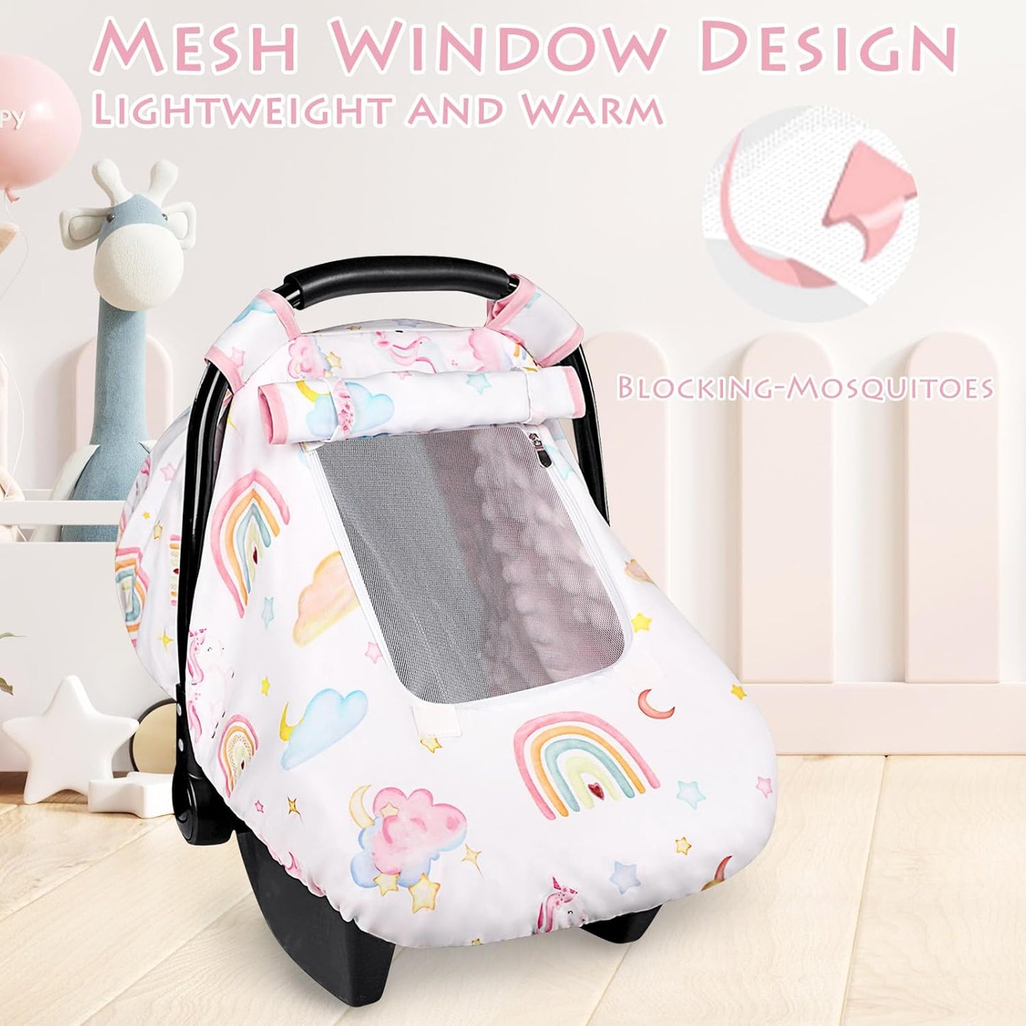 Baby Carseat Cover Girls, Pea Pod Unicorn Infant Car Seat Covers Canopy for Newborn with 2 Layers Windows of Breathable Mesh/Fabric, Lightweight Polyester/Minky Dot Backing, Snug Fit