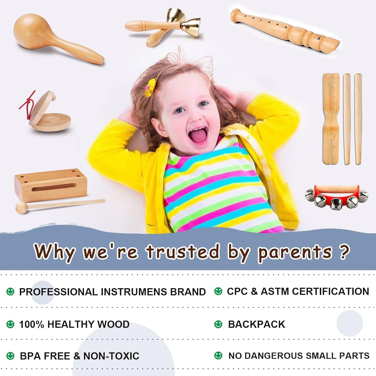 LOOIKOOS Toddler Musical Instruments, Eco Friendly Music Set for Kids Preschool Educational, Natural Wooden Percussion Instruments Musical Toys for Boys and Girls with Storage Bag