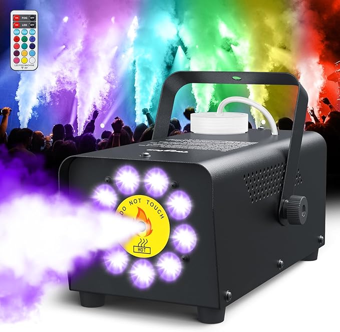 Smoke Machine, Theefun Fog Machine 450w 2500CFM with 9 LED 12 Color Lights Portable 500ml Tank No Liquid Included Stage Smoke Machine Fog Indoor with Wireless Remote Control for Wedding DJ Party