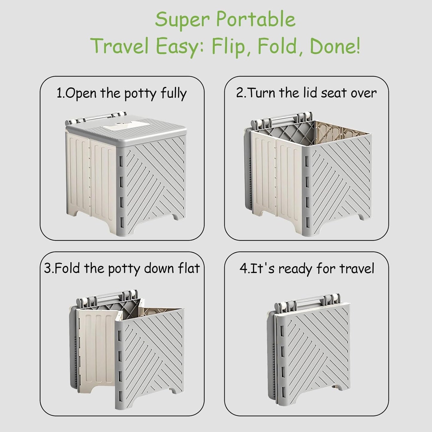 Portable Potty Seat for Toddler, Kids Travel Potty Foldable Compact Potty Training Toilet Seat with Cleaning Bags for Car, Camping, Travel, Outdoors (Grey)